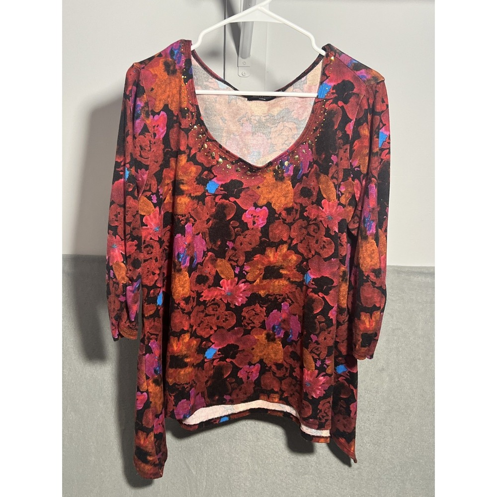Notations Woman Plus Size 1X Floral Studded V-Neck 3/4 Sleeve Tunic Top Blouse - Picture 7 of 7